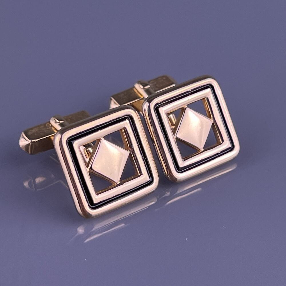 Simple Square & Diamond Shape Cufflinks Gold Tone Black Swank Vintage